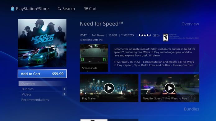 Tela de Need for Speed na PlayStation Store (Foto: Reprodução/André Mello)