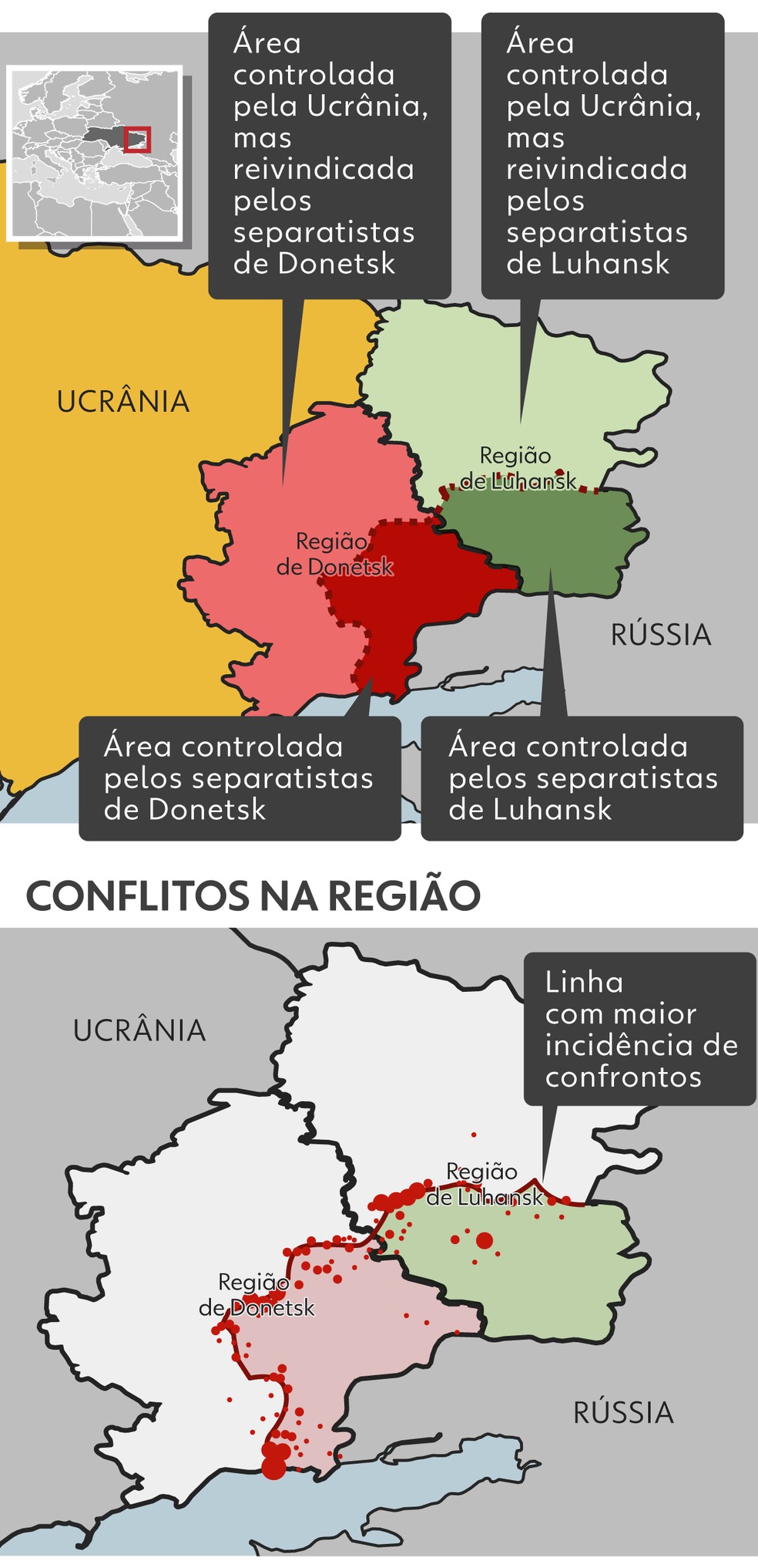 Mapa mostra áreas sob controle de separatistas dentro das regiões de Luhansk e Donetsk — Foto: g1
