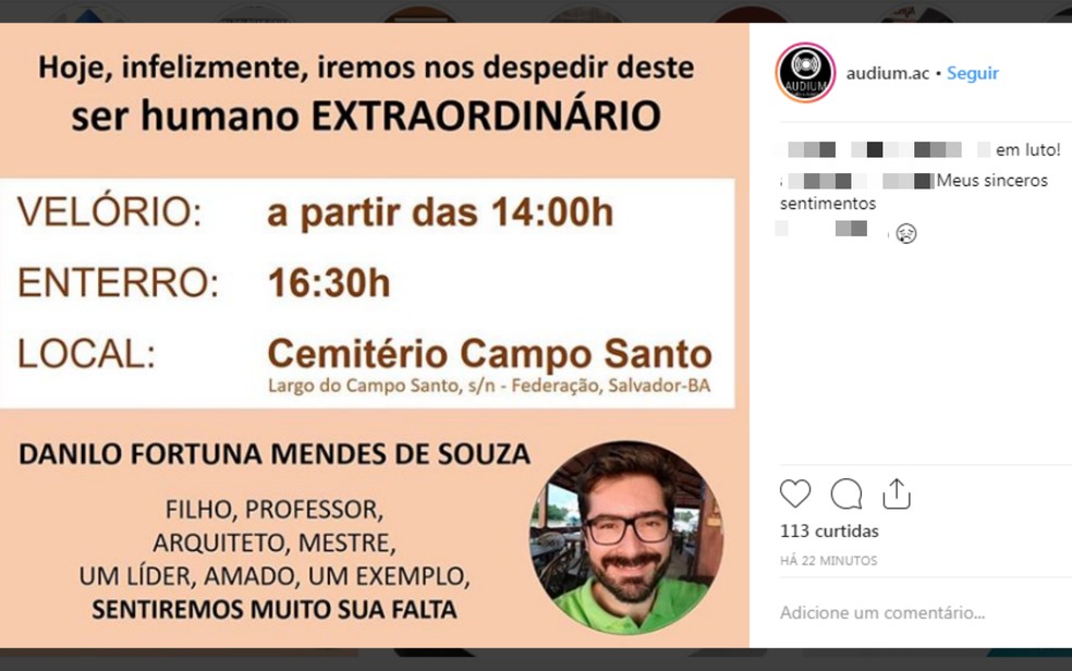 Amigos e familiares de Danilo Fortuna vão se despedir do professor no Cemitério Campo Santo — Foto: Reprodução/Redes Sociais