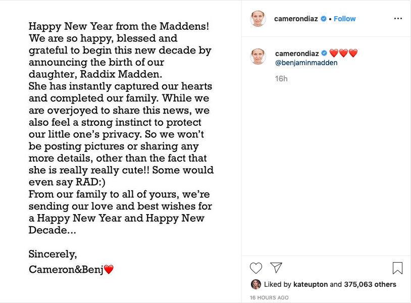 O post da atriz Cameron Diaz anunciando o nascimento de sua filha, Raddix Madden (Foto: Instagram)