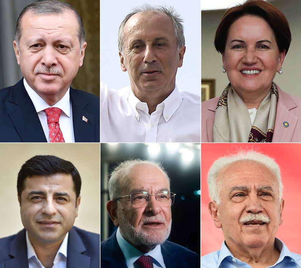 A partir da esquerda: Recep Tayyip Erdogan, Muharrem Ince, Meral Aksener, Selahattin Demirtas, Temel Karamollaogl e Dogu Perincek, candidatos à presidência da Turquia (Foto: Aris Messinis, Fethi Belaid, Yasin Akgul, Adem Altan, John Thys/AFP)