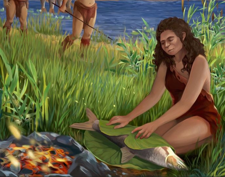 Ilustração de mulher pré-histórica cozinhando peixe Luciobarbus longiceps nas margens do antigo Lago Hula