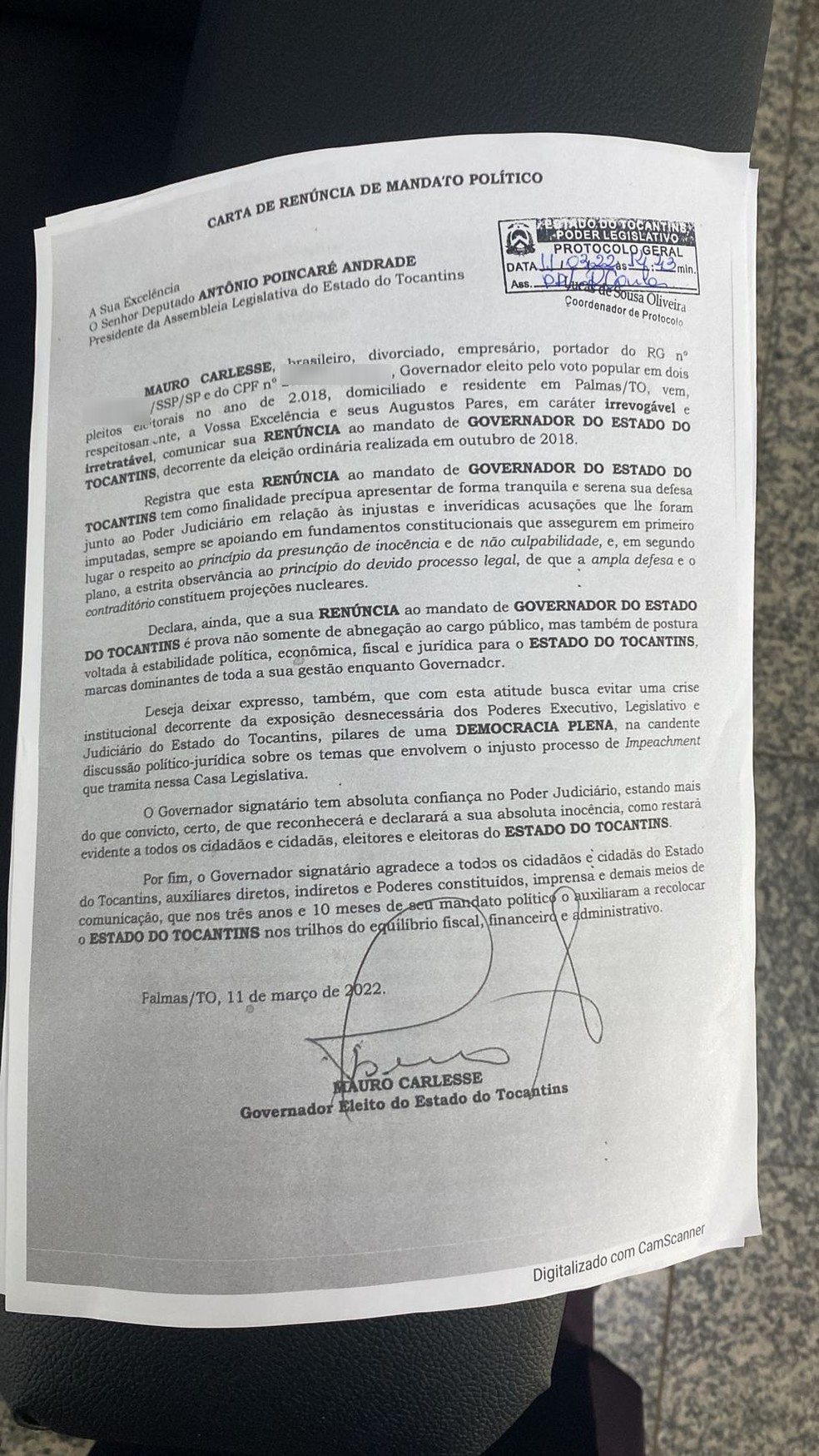 Pedido de renúncia do governador afastado Mauro Carlesse — Foto: Reprodução/Assessoria de Mauro Carlesse