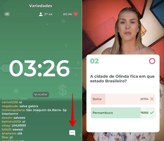 Perguntas são apresentadas ao vivo no Quize — Foto: Reprodução/Helito Beggiora