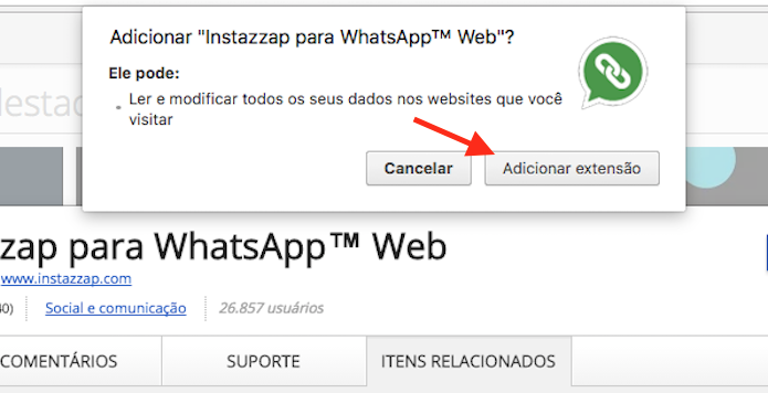 Opção para instalar no Chrome a extensão Instazzap para WhatsApp Web (Foto: Reprodução/Marvin Costa)