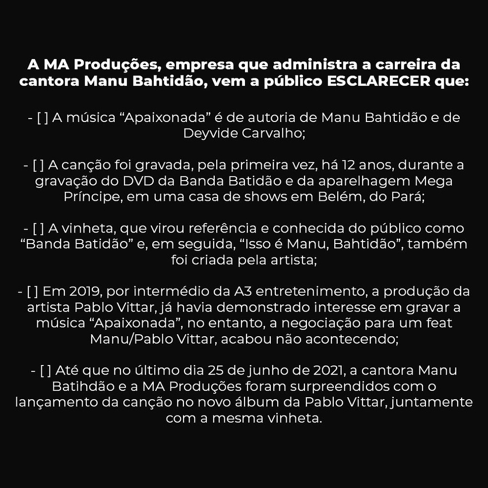 Primeira parte do comunicado da empresa MA Produções sobre a música 'Apaixonada' — Foto: Reprodução / Twitter Manu Batidão