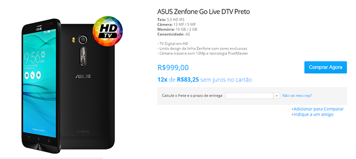 Asus começa a vender novo Zenfone com TV digital por R$ 999 (Foto: Reprodução/Asus)