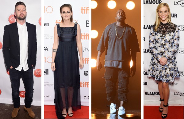 Justin Timberlake, Kristen Stewart, Kanye West e Reese Whiterspoon (Foto: Getty Images)