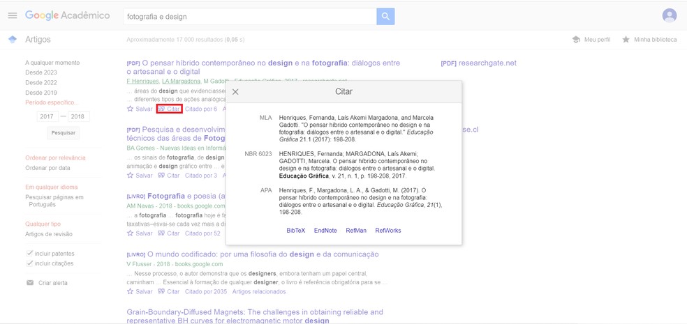 Google Acadêmico elabora automaticamente as referências bibliográficas nas normas da ABNT — Foto: Reprodução/Caroline Silvestre