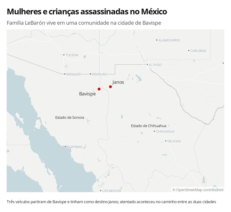 Localização no mapa da região do norte do México onde ocorreu o crime — Foto:  G1