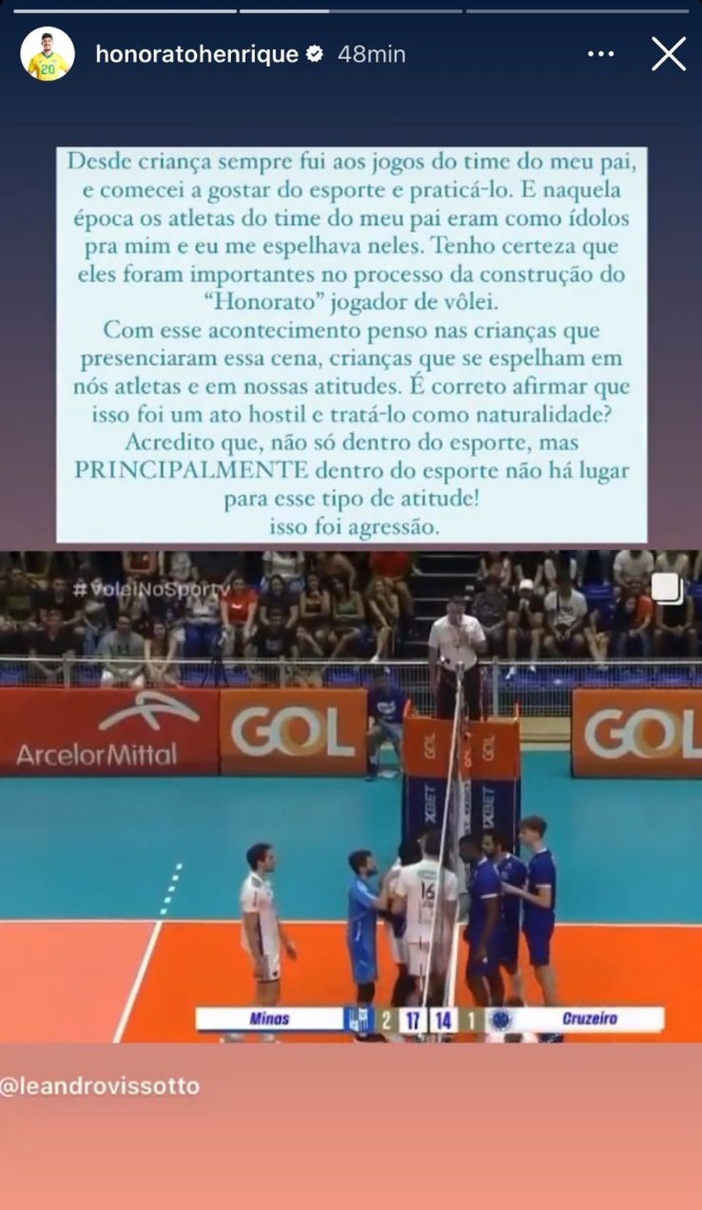 Honorato, do Minas, questiona punição a López, do Cruzeiro, após agressão — Foto: Reprodução