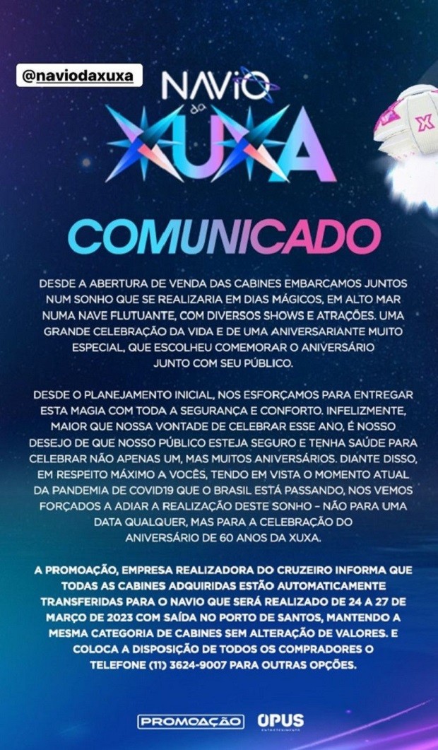 Comunicado Navio da Xuxa (Foto: Divulgação)