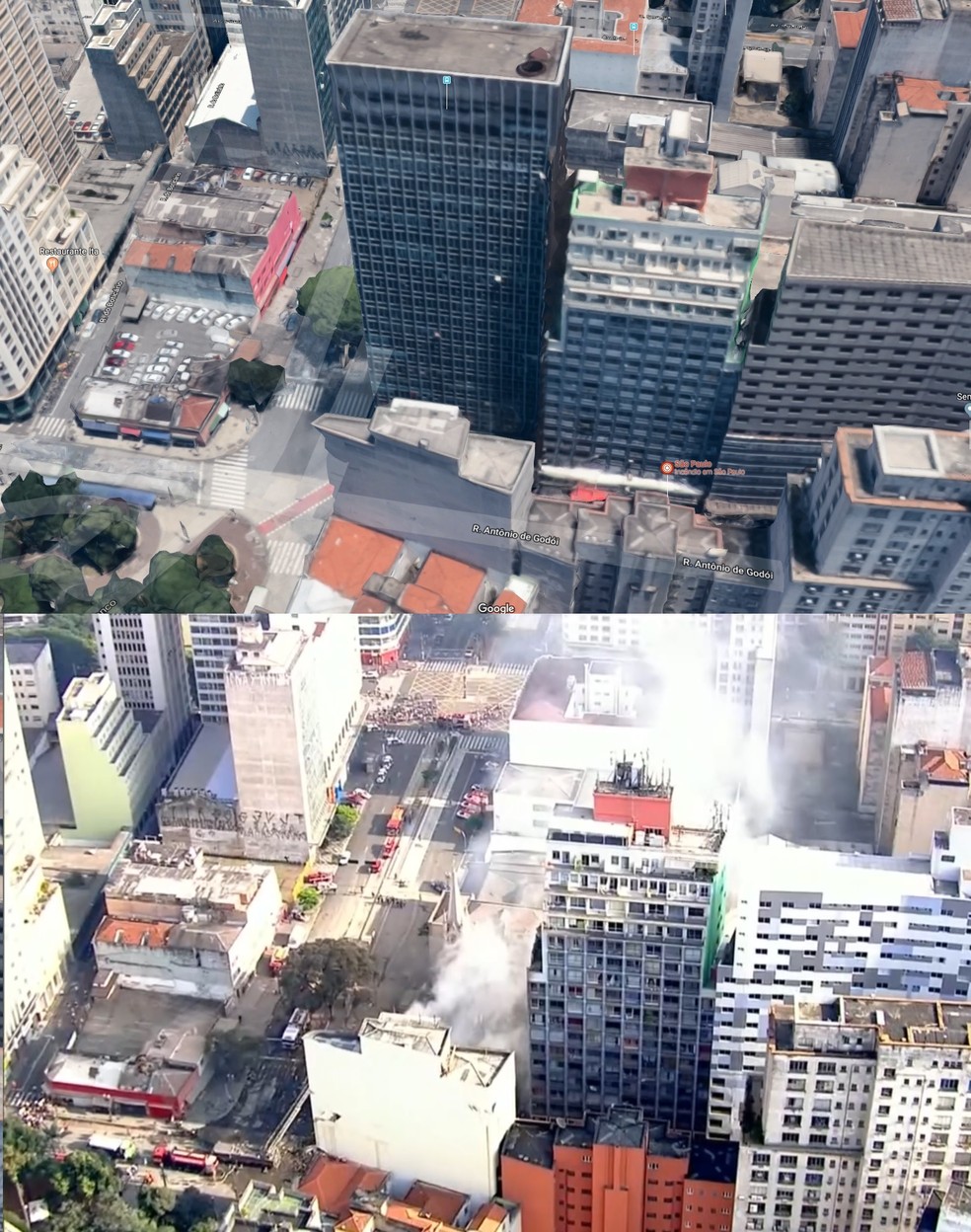 Vista aérea do local do desabamento de prédio em SP; acima, o imóvel antes do desabamento (Foto: Reprodução/Google Maps e Reprodução/TV Globo)