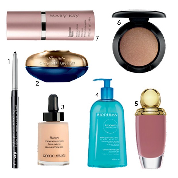1. Lápis de olho High Impact Custom Black 2. Creme anti-aging Orchidée Impériale, R$ 1.710, Guerlain 3. Base Maestro, US$ 64, Giorgio Armani 4. Óleo de Banho Atoderm, R$ 89, Bioderma 5. Gloss Diorific cor 005, R$ 199, Dior 6. Sombra Soft Brown, R$ 79, MAC 7. Sérum Lifting Volu-Firm TimeWise Repair, R$ 169, Mary Kay  (Foto: Andreas Rentz/ Getty Images (Bella Hadid), Anthony Lee/ Getty Images (Perfect Look), Publicity (Products))