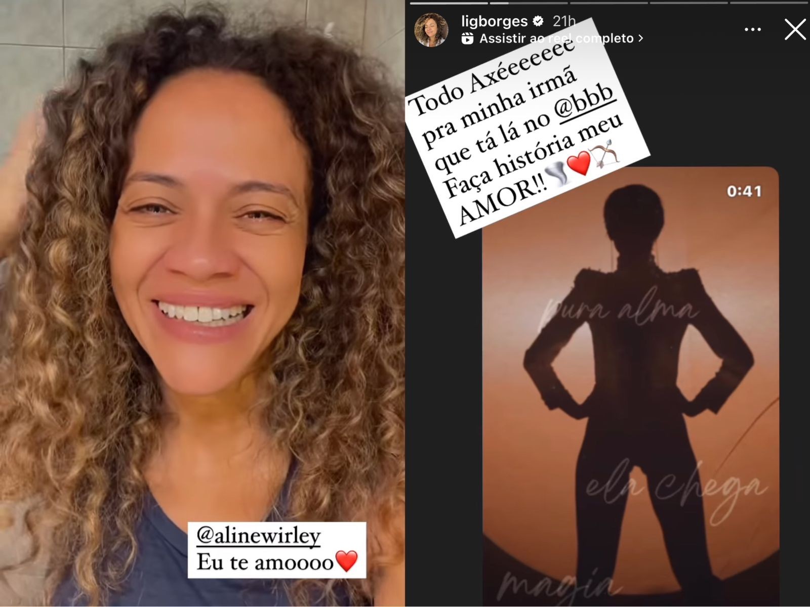 Aline Borges, de "Pantanal", declarou torcida para a cantora Aline Wirley, de quem é amiga há anos — Foto: Reprodução/Instagram