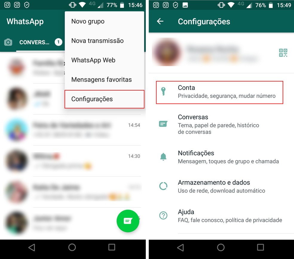 Acessando  "Configurações"  e selecionando "Conta" no WhatsApp pelo Android — Foto: Reprodução/Rodrigo Fernandes