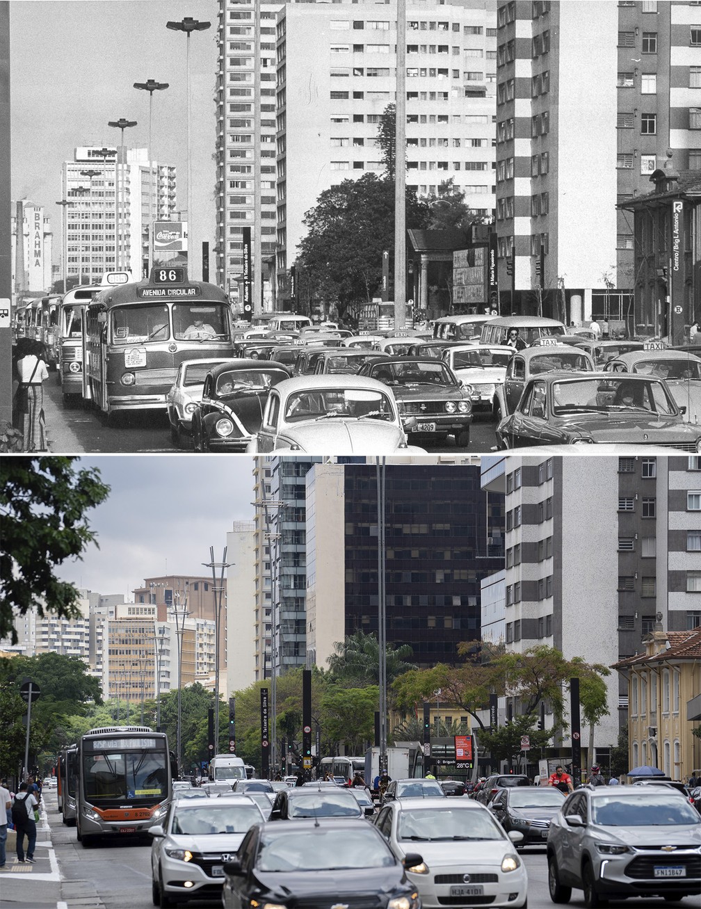 Combinação de fotos mostra trânsito na Avenida Paulista, região central de São Paulo, na altura das ruas Maria Figueiredo e Brigadeiro Luis Antônio, em novembro de 1974 e dezembro de 2021 — Foto: Arquivo/Estadão Conteúdo; Marcelo Brandt/g1