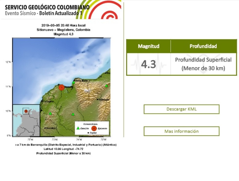 Serviço Geológico Colombiano anuncia tremor de terra — Foto: Reprodução