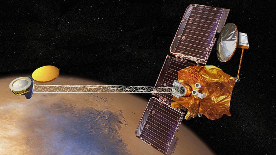 Orbitador Mars Odyssey de 2001 da Nasa é representado nesta ilustração