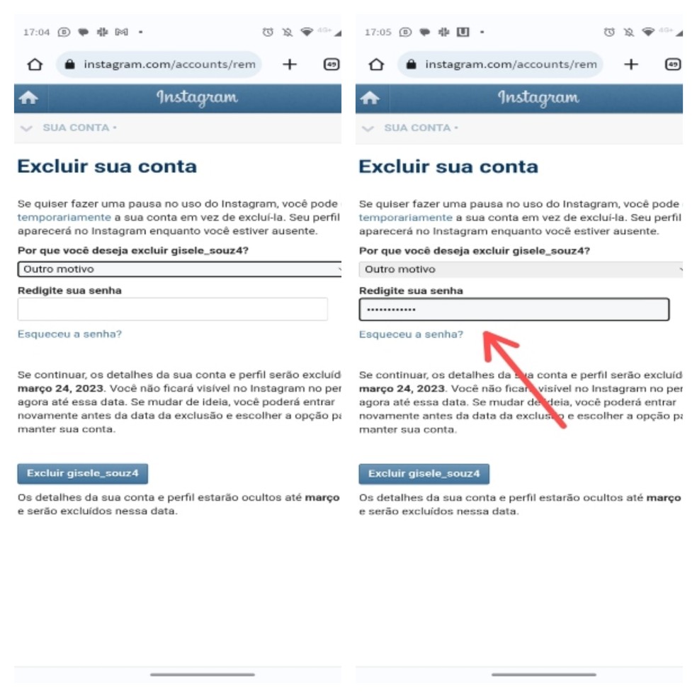 Inserção de senha para exclusão da conta do Instagram — Foto: Reprodução/Gisele Souza