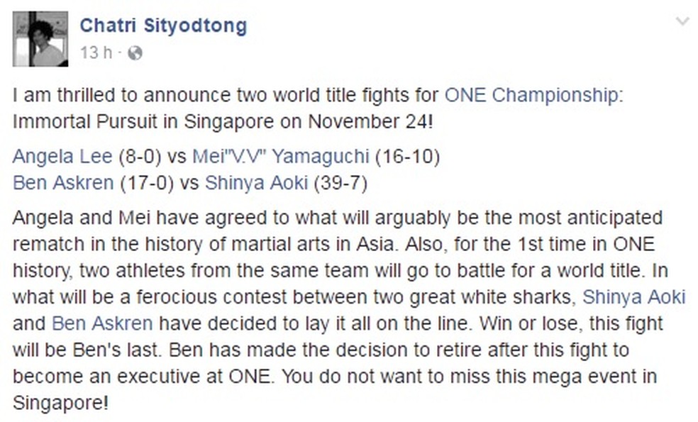 Chatri Sityodtong anuncia última luta de Ben Askren antes de aposentadoria  (Foto: Reprodução Internet)