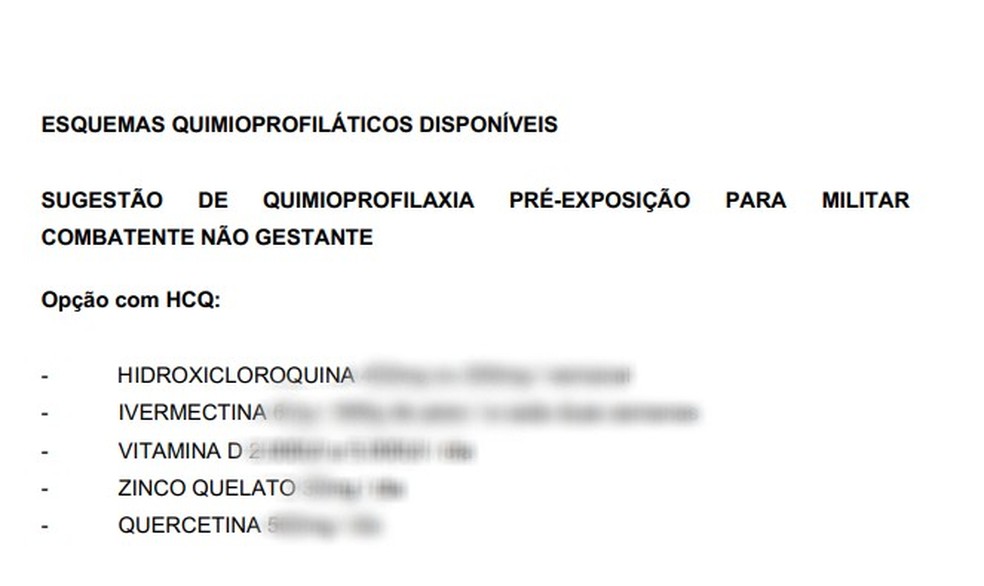 Documento que circula em grupos de militares sugere consumo de medicamentos não indicados contra o coronavírus — Foto: Reprodução/ Redes sociais