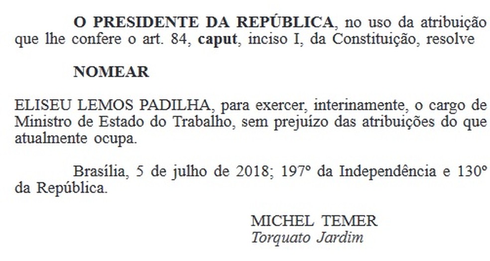 Decreto do presidente Michel Temer publicado no 'Diário Oficial' (Foto: Reprodução)