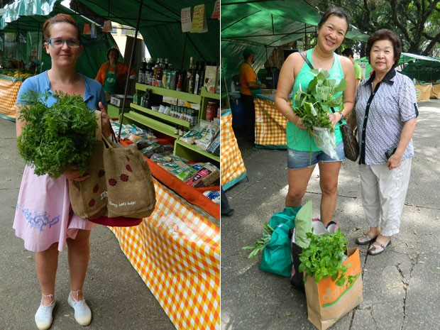 A cozinheira Bia Goll e a empresária Helena Tinoco com a mãe, Lin Ming, frequentam e feira de produtos orgânicos (Foto: Gabriela Gasparin/G1)