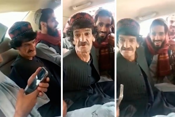 O comediante Nazar Mohammad entre dois talibãs (Foto: reprodução twitter)