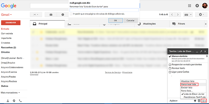 Usuário pode renomear listas de tarefas do Gmail a qualquer momento (Foto: Reprdução/Elson de Souza)