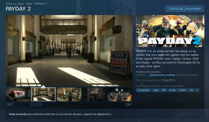 Página de Payday 2 no Steam (Foto: Reprodução/André Mello)