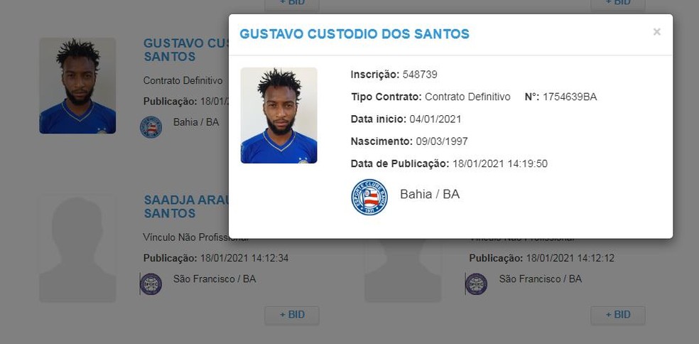 Gustavo tem novo contrato com o Bahia publicado no BID — Foto: Reprodução