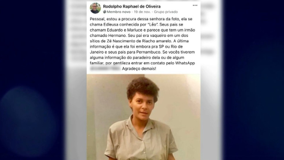 Filho postou uma foto nas redes sociais procurando a mãe biológica — Foto: Reprodução/Facebook/Rodolpho Raphael de Oliveira