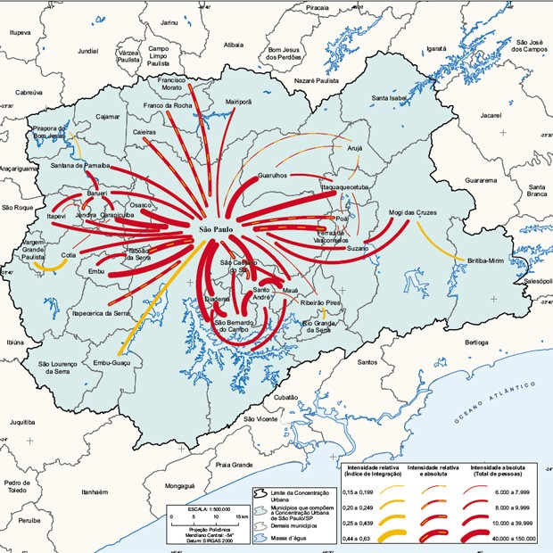 Mapa mostra deslocamentos para trabalho e estudo na concentração urbana de São Paulo (Foto: Reprodução/IBGE)