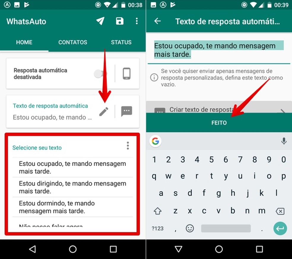 Defina texto da resposta automática no WhatsAuto — Foto: Reprodução/Helito Beggiora
