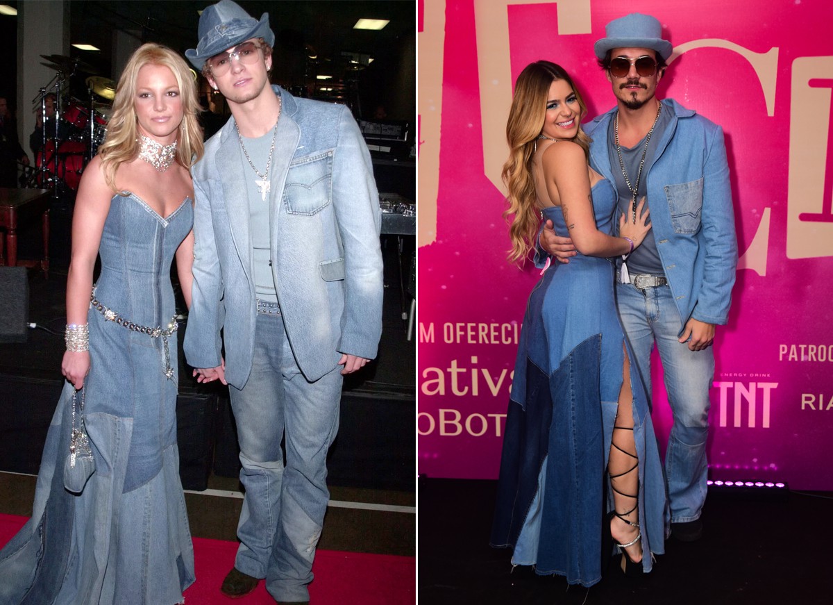 Viih Tube e Eliezer reproduziram o famoso look jeans de Britney Spears e Justin Timberlake, de quando eram namorados (Foto: Getty Images e Leo Franco e Bruno Ulivieri/ Agnews)
