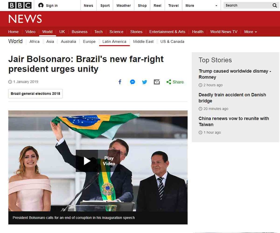 "Novo presidente de extrema-direita do Brasil pede unidade', diz o título da BBC — Foto: Reprodução/BBC
