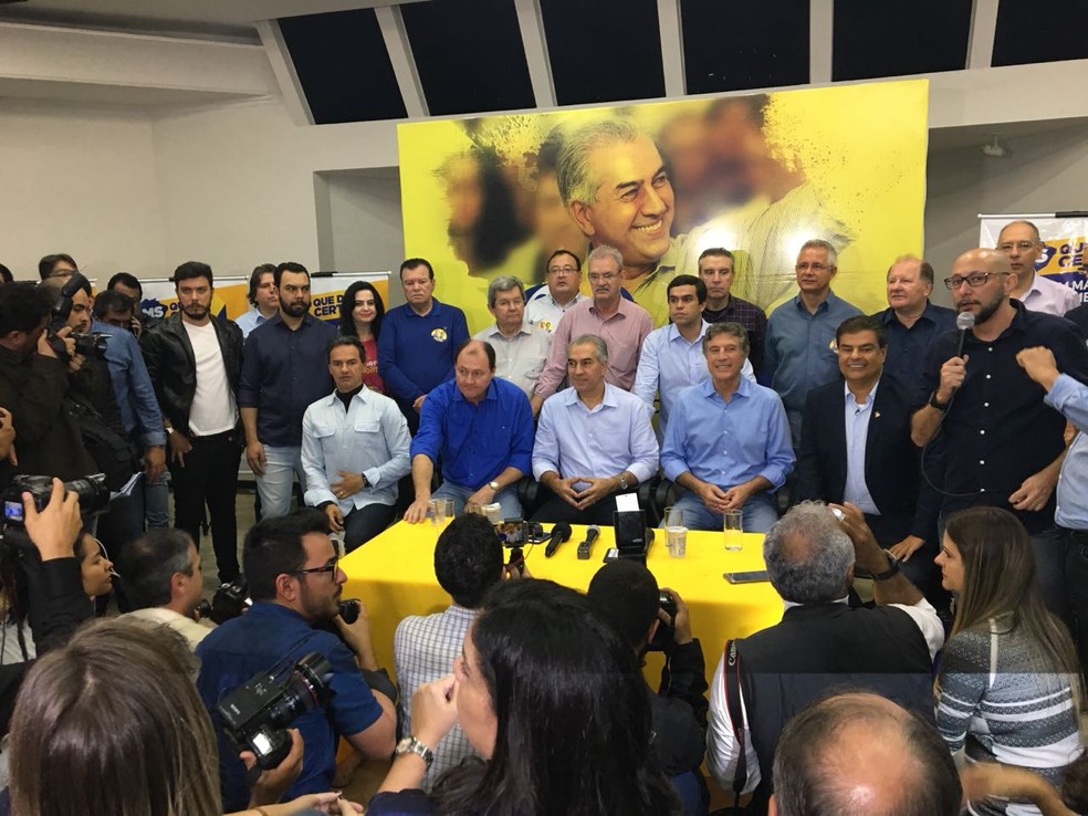 Convenção deste sábado (4) que confirmou a escolha de Reinaldo Azambuja para disputar a reeleição ao governo do estado pelo PSDB (Foto: Cláudia Gaigher/TV Morena)