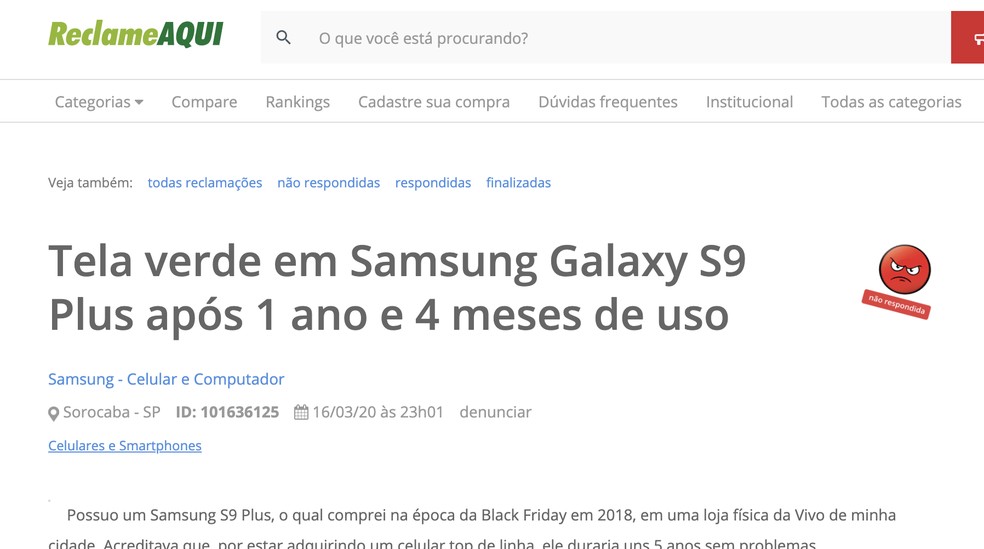 Consumidor se queixa de defeito na tela do Galaxy S9 Plus — Foto: Reprodução/Reclame Aqui