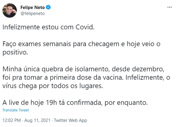 Publicação de Felipe Neto sobre Covid-19 (Foto: Reprodução/Twitter)