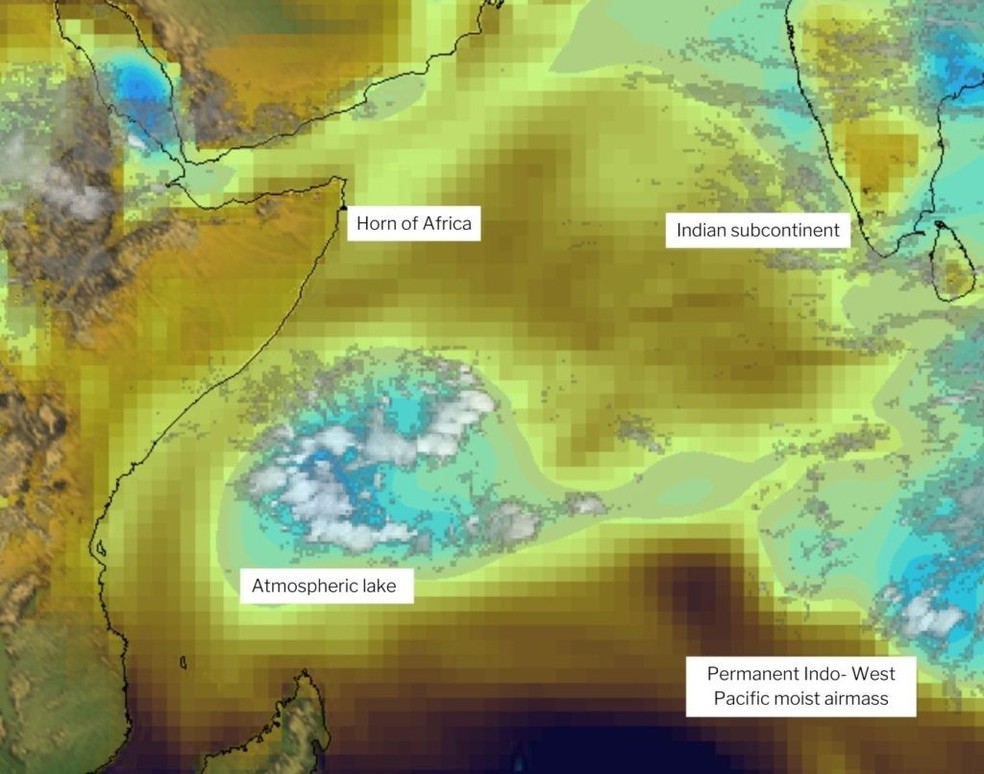 Lagos atmosféricos começam como filamentos de vapor d'água — Foto: Brian Mapes / NOAA Conjunto de dados de reanálise ERA-provisório