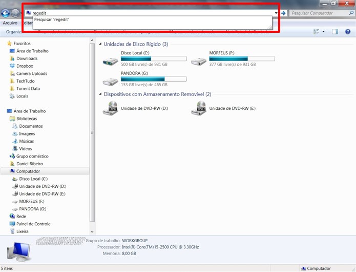 Digite “regedit” no Windows Explorer para iniciar o Editor de Registros (Foto: Reprodução / Daniel Ribeiro) Digite “regedit” no Windows Explorer para iniciar o Editor de Registros (Foto: Reprodução / Daniel Ribeiro)