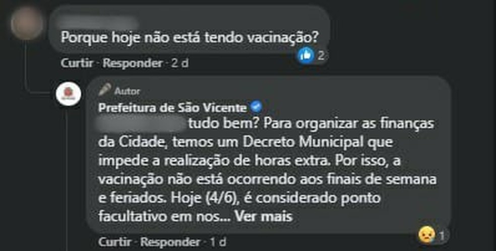 Prefeitura afirma que a resposta enviada na rede social foi baseada em uma informação antiga e desencontrada — Foto: Reprodução/Facebook