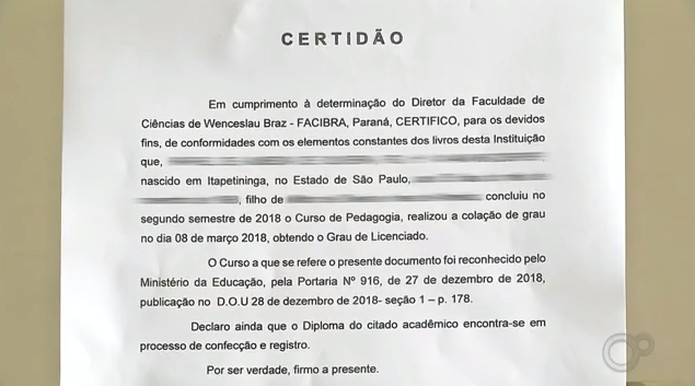 Instituição de ensino à distância entrega certificado com datas erradas para estudante de Itapetininga (SP) — Foto: Reprodução/TV TEM