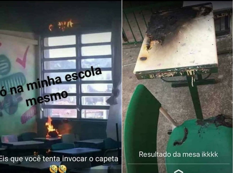 Imagens mostram bola de fogo e mesa danificada em sala de aula em GuarujÃ¡, SP (Foto: ReproduÃ§Ã£o)