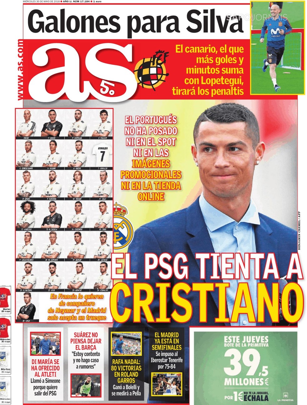 A capa do jornal "As" fala sobre uma possÃ­vel negociaÃ§Ã£o entre Cristiano Ronaldo e PSG (Foto: ReproduÃ§Ã£o/As)