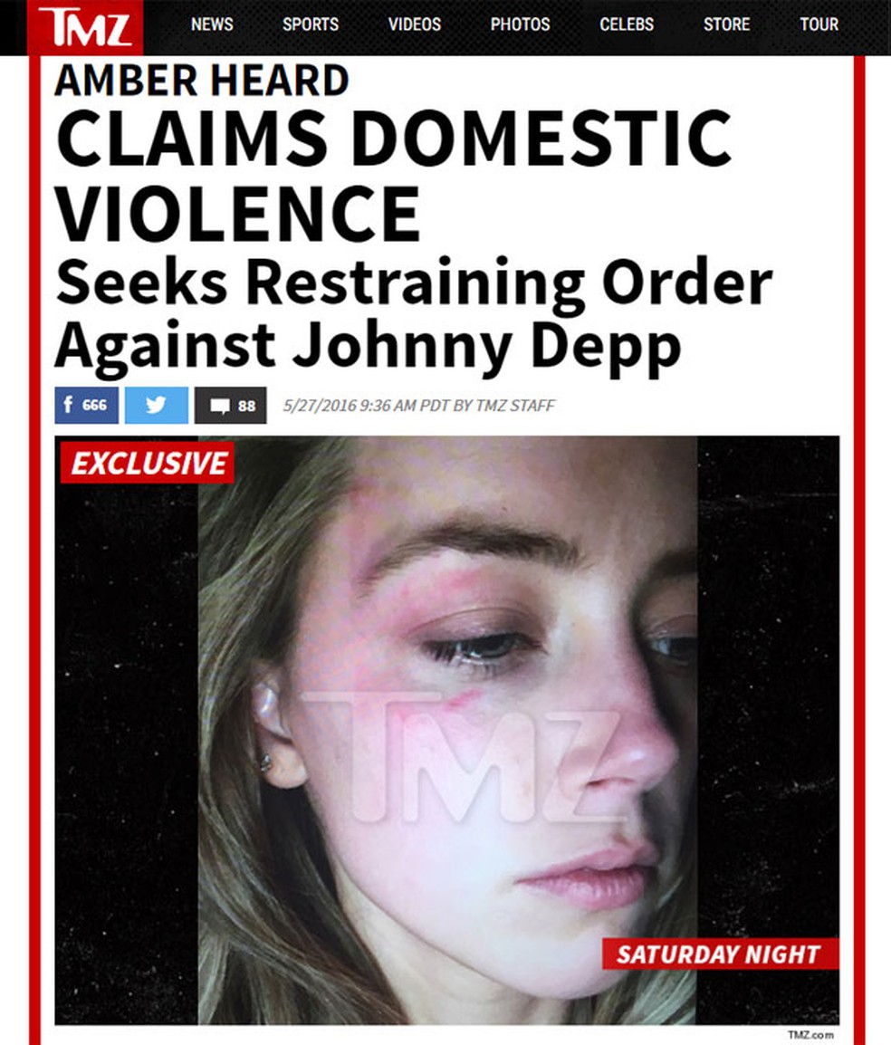 Site TMZ mostra imagem de Amber Heard com hematoma que teria sido provocado por seu marido, Johnny Depp, com um iPhone &mdash; Foto: Reprodu&ccedil;&atilde;o/TMZ