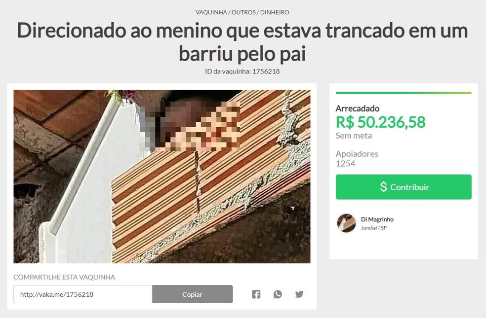 Valor arrecadado em plataforma online chega a R$ 50.236,58 — Foto: Reprodução