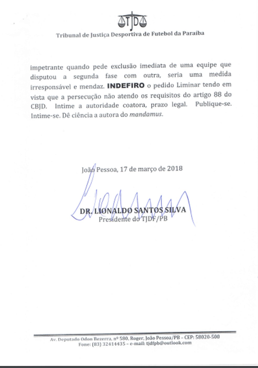 Documento lançado pelo Tribunal de Justiça Desportiva da Paraíba nega pedido do Sousa.  (Foto: Reprodução/TJDF-PB)
