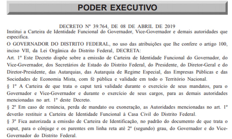 Decreto institui a carteira funcional para chefes do GDF — Foto: DODF/Reprodução